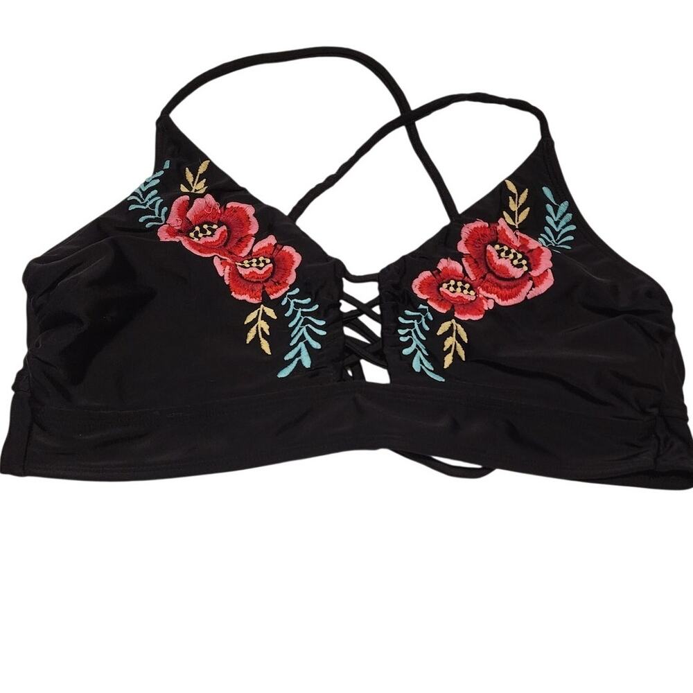 Xhiliation Black Floral Rose Bikini Top